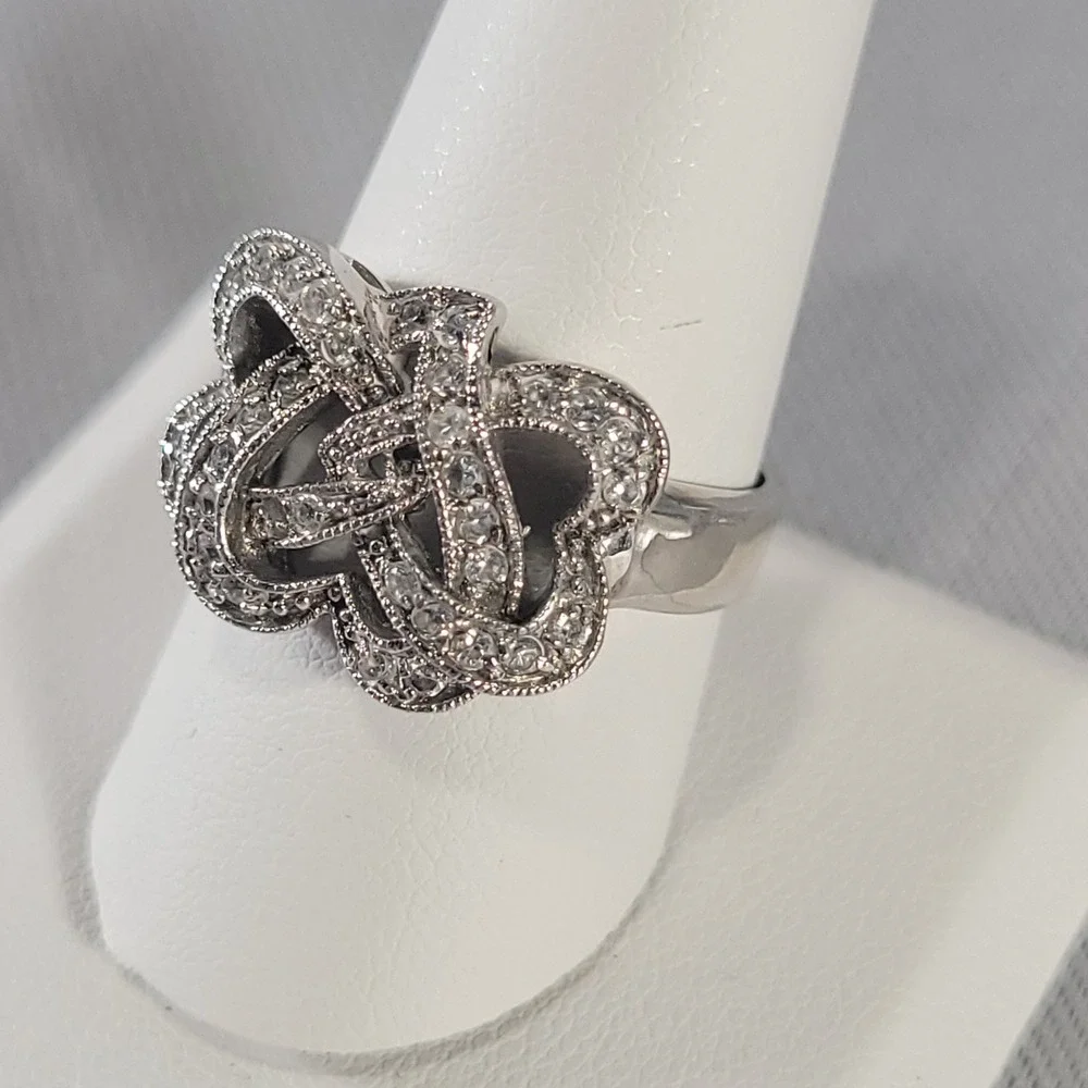 Sterling Silver Knot Heart Ring Womens Size 9.5 Clear Rhinestone Pave 925